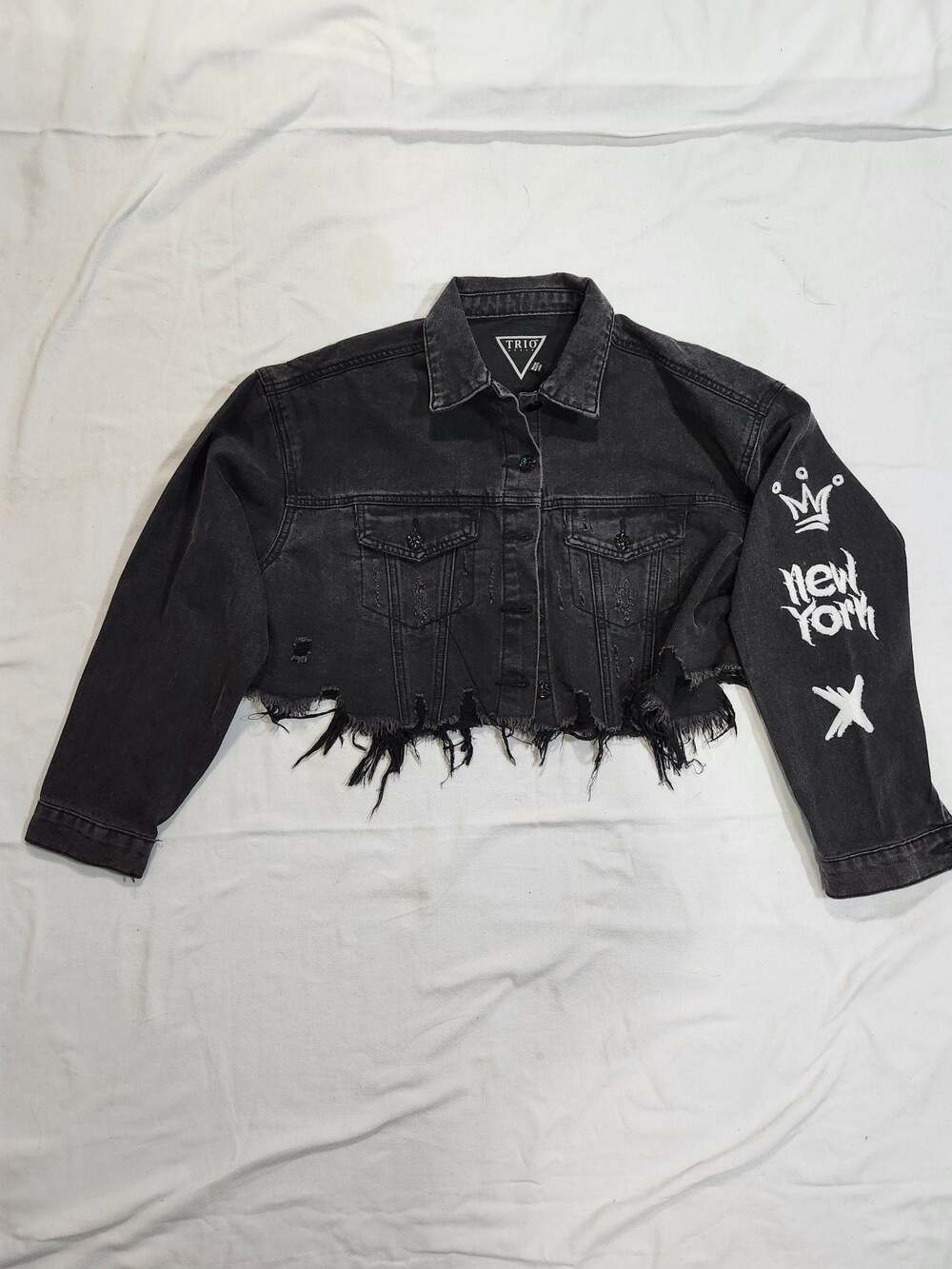 Trio Urban New York Rhinestone Distressed Cropped Denim Jacket